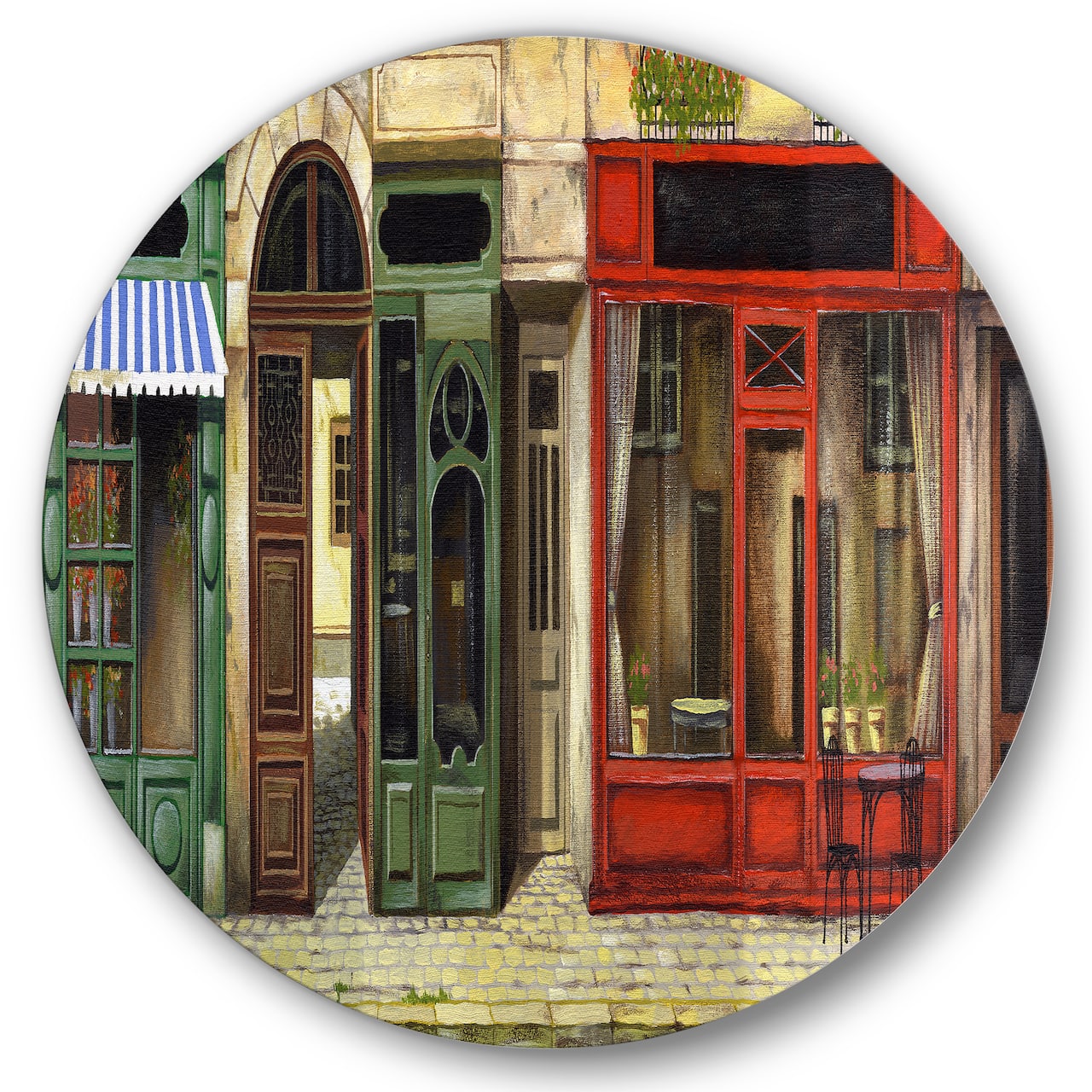 Designart - Red Facade of Charming Shop In Paris II - French Country Metal Circle Wall Art